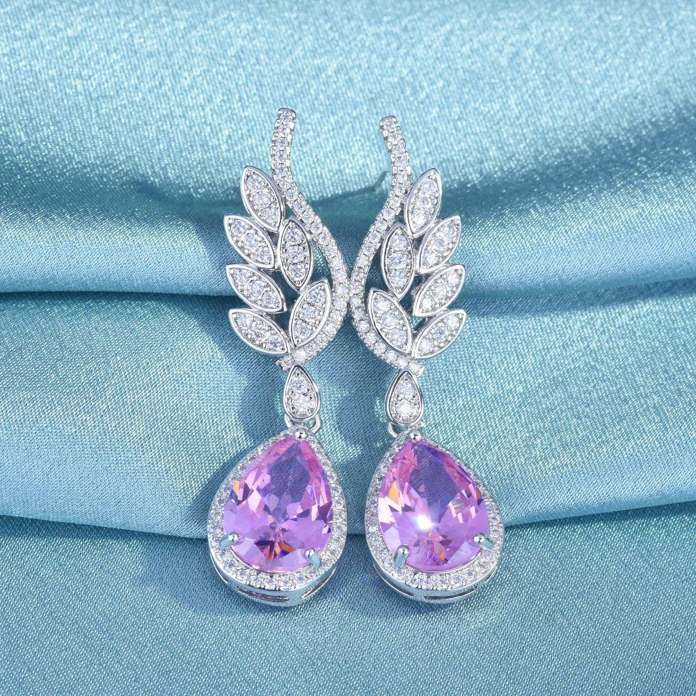 Модные женские кристаллы розовые серьги-капельки Серебряные крылья ангела с кисточками длинные свадебные украшения