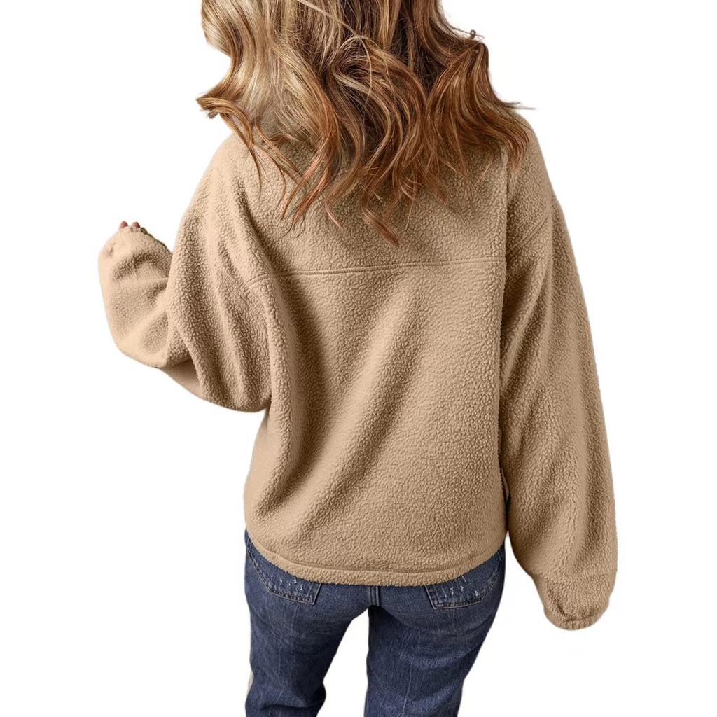 Женская мода повседневная свободная однотонная плюшевая кофта с длинным рукавом и застежкой-молнией на половину шеи