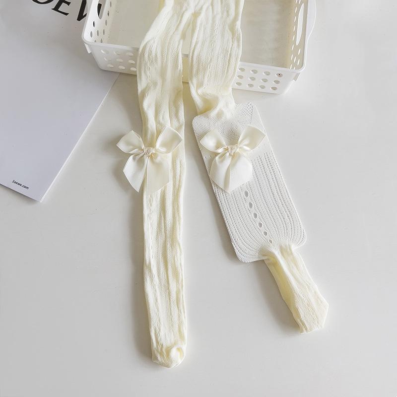 Детские колготки для девочек однотонные с кружевным бантом и ажурными вырезами для детей, милые тонкие дышащие леггинсы, летние, милые чулки