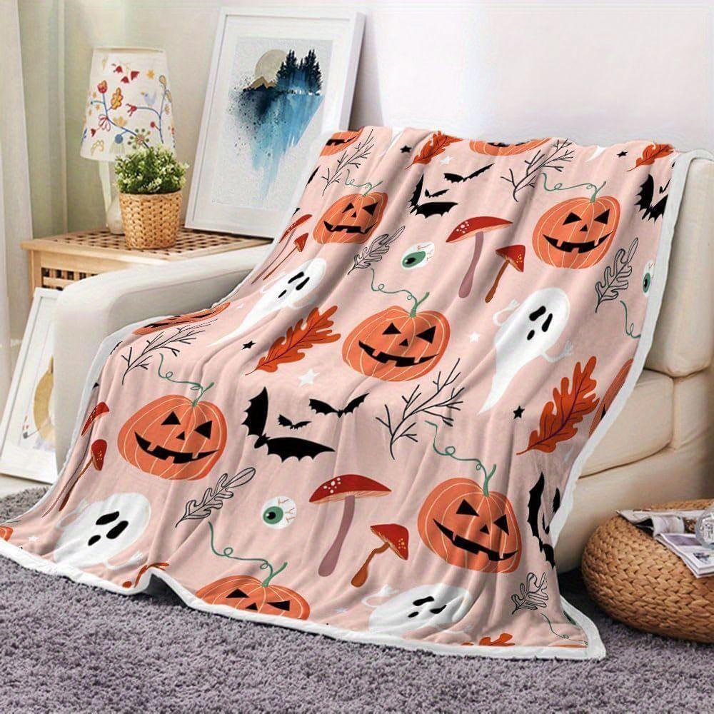 Halloween Flannel Throw Blanket, Pumpkin Ghost Bat Mushroom Print Soft Warm Blanket for Sofa Bed Nap, Holiday Home Decor Gift for Friends Family