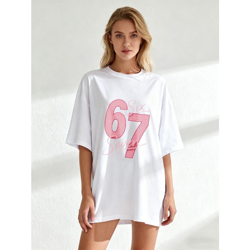 Oversized T-Shirt Black Six Seven Pink Glitter Number Print Casual Wear For Women Street Style Fashion Top Summer Outfit