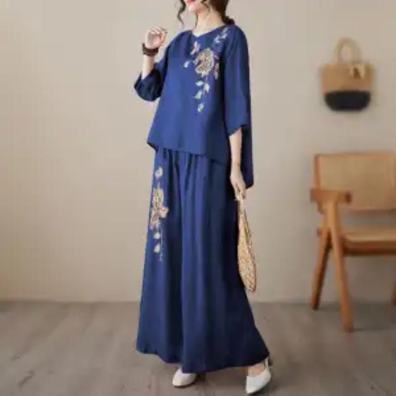 Комплект вышивки льняная летняя рубашка пуловер с короткими рукавами легкие брюки из искусственного хлопка и льна с широкими штанинами комплект из двух предметов