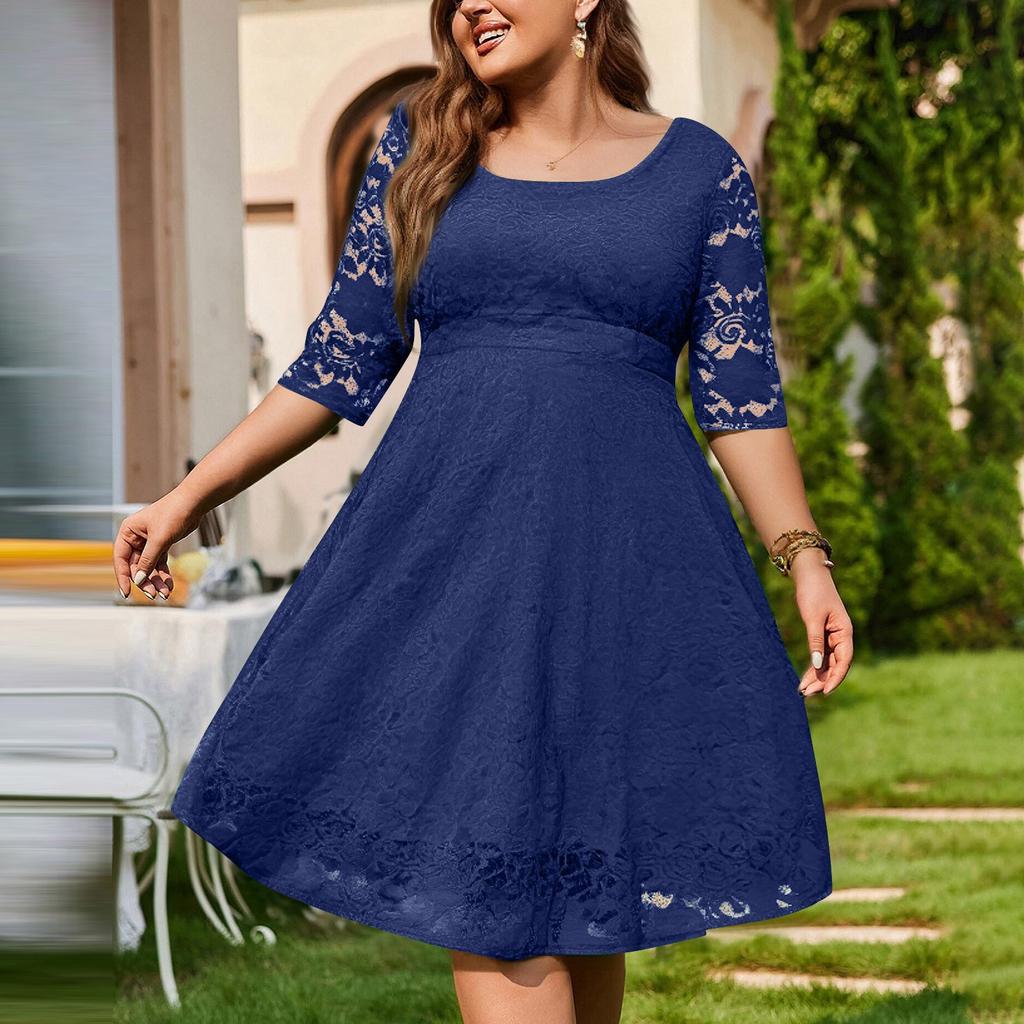 Women's Temperament Three-quarter Sleeve Lace Casual Solid Color O-Neck Plus Size Dress