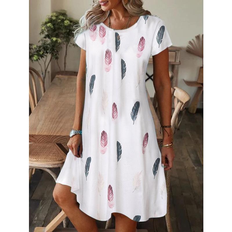 Summer Floral Printing Pocket Dress Summer Short Sleeve Slim Shirt Big Hem Short Skirt
