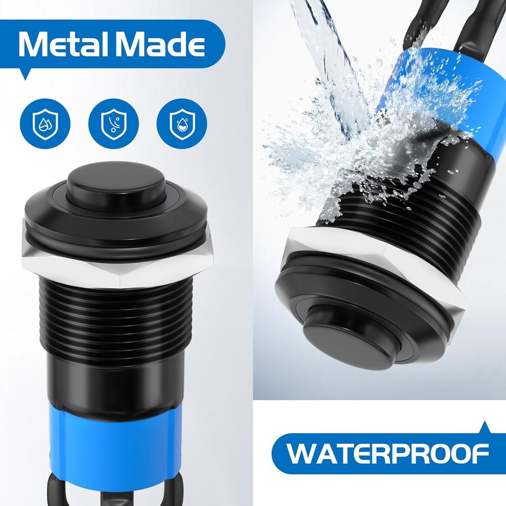2pcs 12mm Latching Push Button Switch Black Shell with pre-Wiring, IP65 Waterproof Push Button Switch