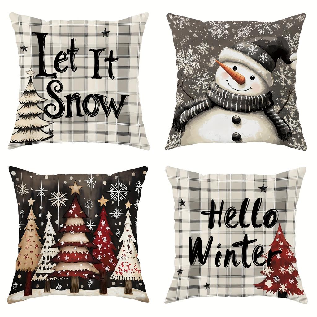 4Pcs Christmas Snowman Checkered Pillowcase, Modern Farmhouse Style Living Room Decoration, Winter Home Gift Without Pillow Core