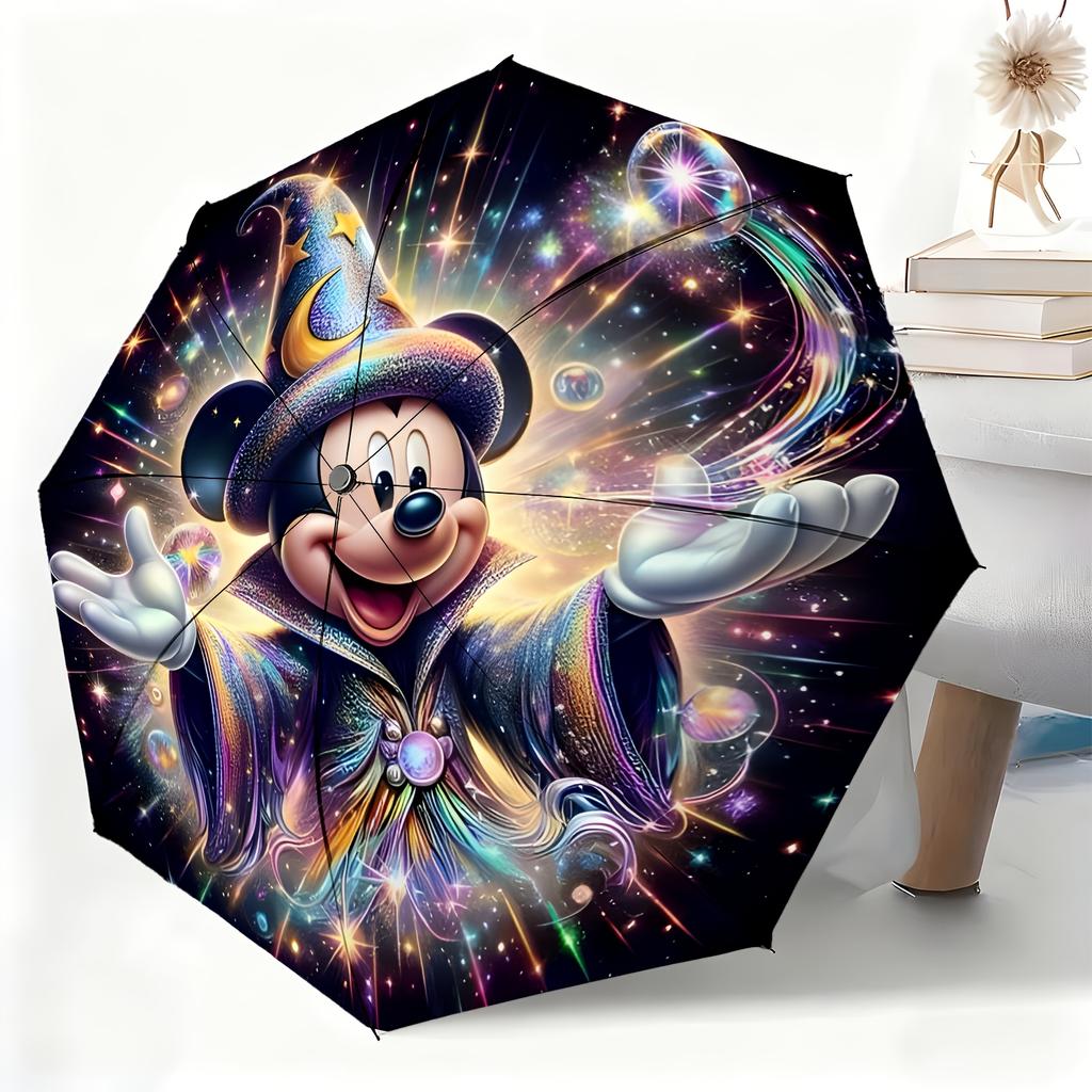 Disney Minnie Mouse Pink Polka Dot & Floral Print Folding Umbrella, Windproof Auto Open/Close Travel Umbrella, Portable Waterpro