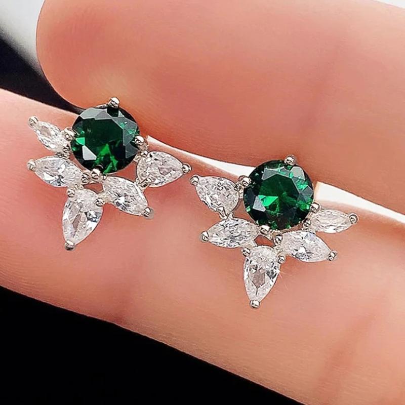 Huitan Leaf Shaped Green Cubic Zirconia Earrings Ear Stud Piercing New Fashion Modern Women Earrings Delicate Accessory JewelryGood product