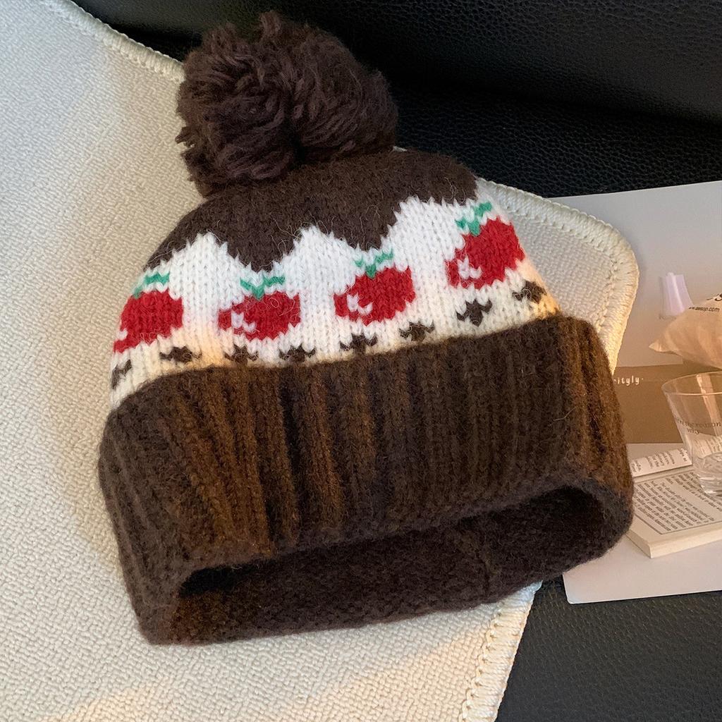 Шапка шерстяная с помпоном из красной вишни и узором Фэр-Айл, женская, милая, теплая, для альпинизма, с защитой ушей, вязаная