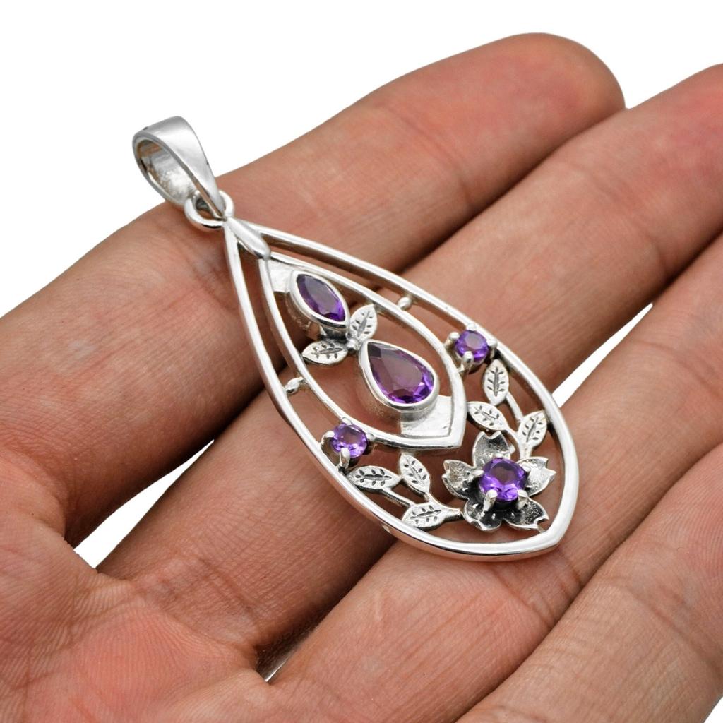 Amethyst Pendant: Floral Sterling Silver Designer Jewelry