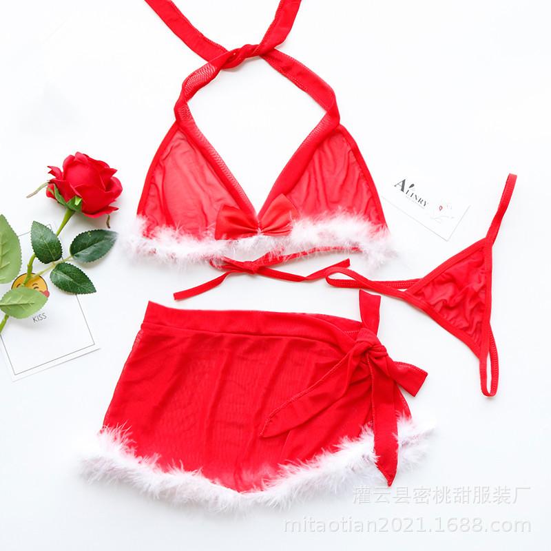 European & American Women's Sexy Mesh Christmas Lingerie Set: Bra & Mini Skirt.