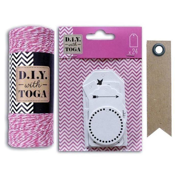 24 étiquettes blanches perforées + ficelle fuchsia-blanche + 20 étiquettes kraft Fanion