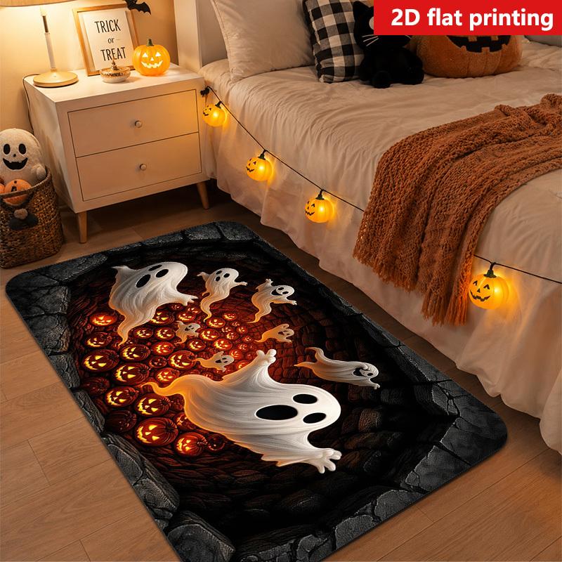 1pc Extra Large Abyss Halloween Doormat - Non-Slip Machine Washable Mat with Deep Pit Ghost Pumpkin Lantern Design, 1.02 cm Thick Soft Cushioning Laye