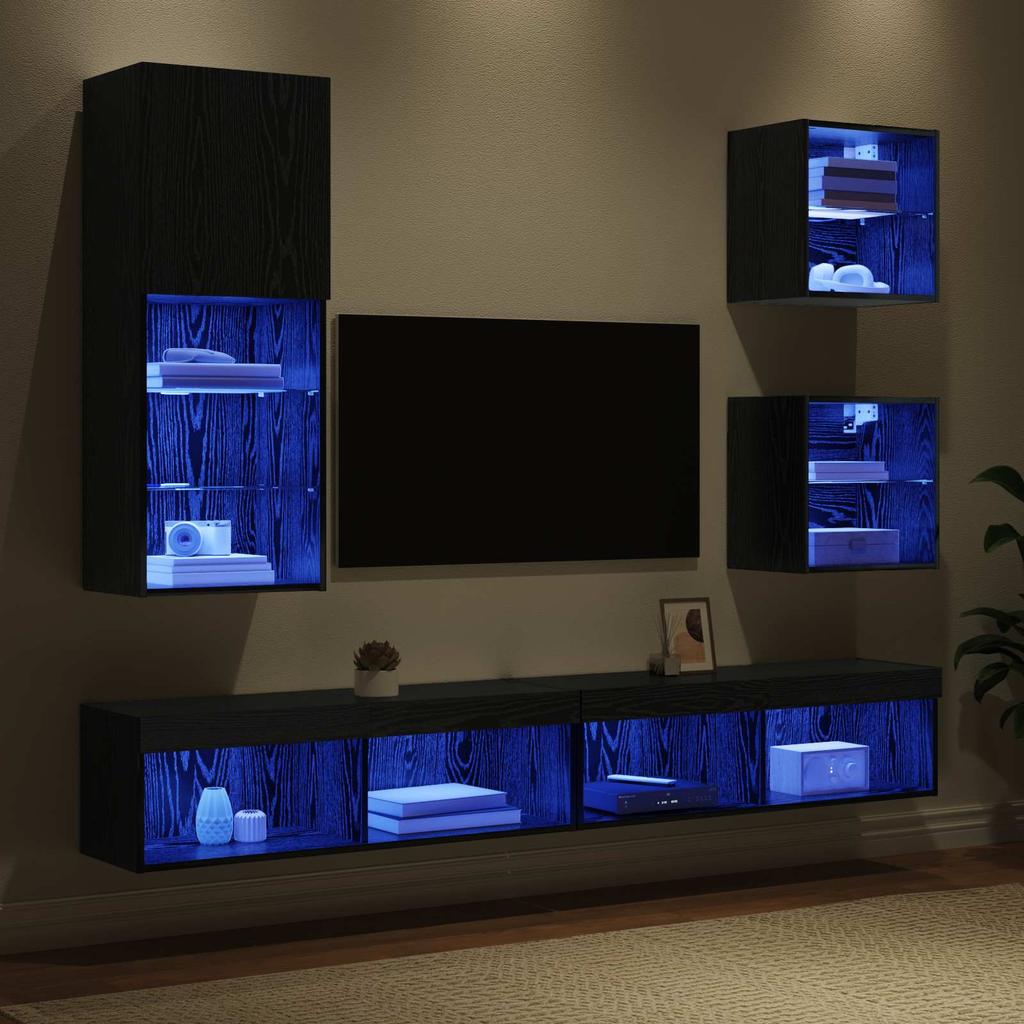 TV Wall Units with LED 5 pcs Black Oak Effect