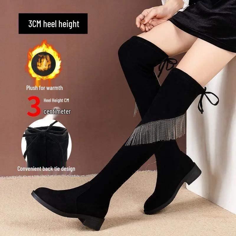 Женские замшевые ботфорты с кисточками из страз - Осень 2025 Облегающие ботинки на толстом каблуке с высоким голенищем