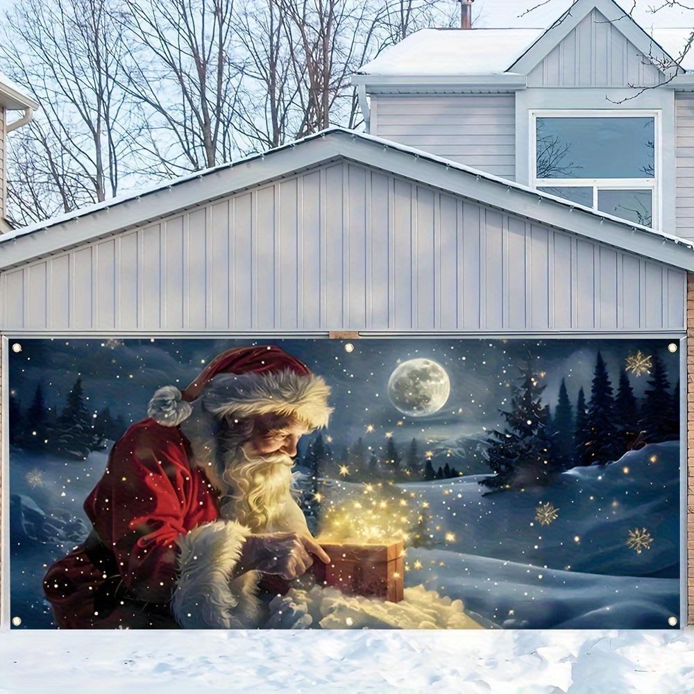 Garage banner - Santa Claus glowing snow scenery with gifts and snowflakes with built-in lighting for winter decoration
