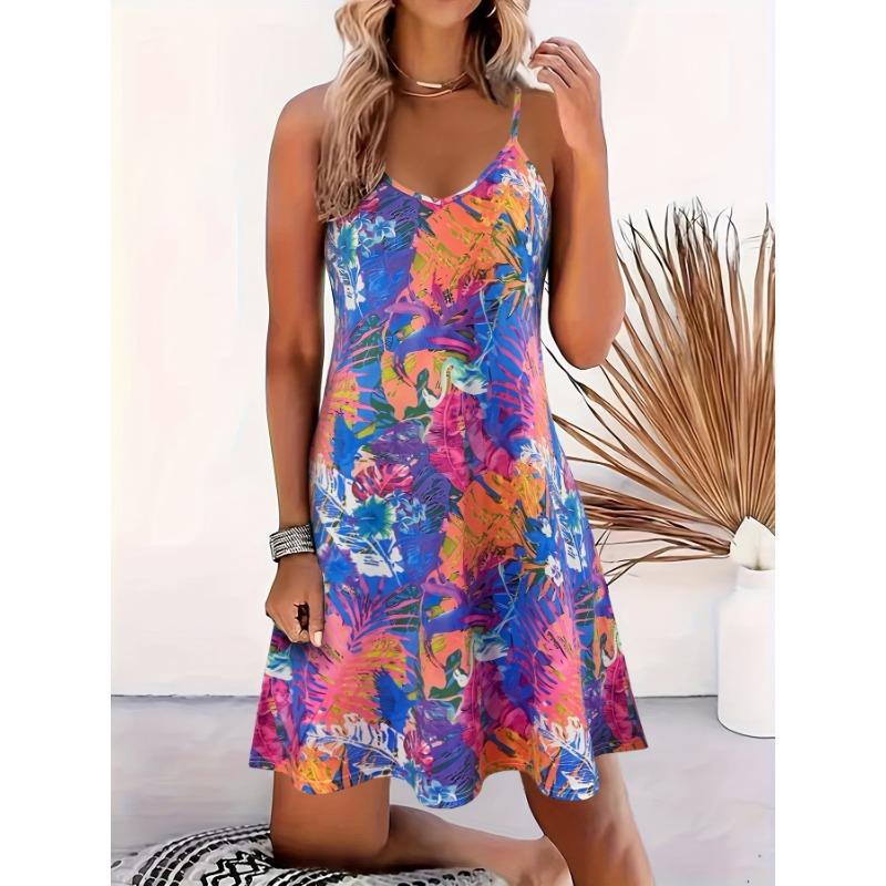 Plant Print V Neck Cami Dress, Casual Sleeveless Spaghetti Strap Dress For Spring & Summer, Women's Clothing