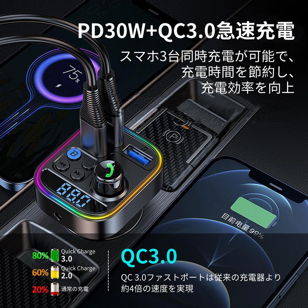 FM Transmitter, Bluetooth 5.3, Car FM Transmitter, PD 30W + QC3.0 Rapid Charging, Car