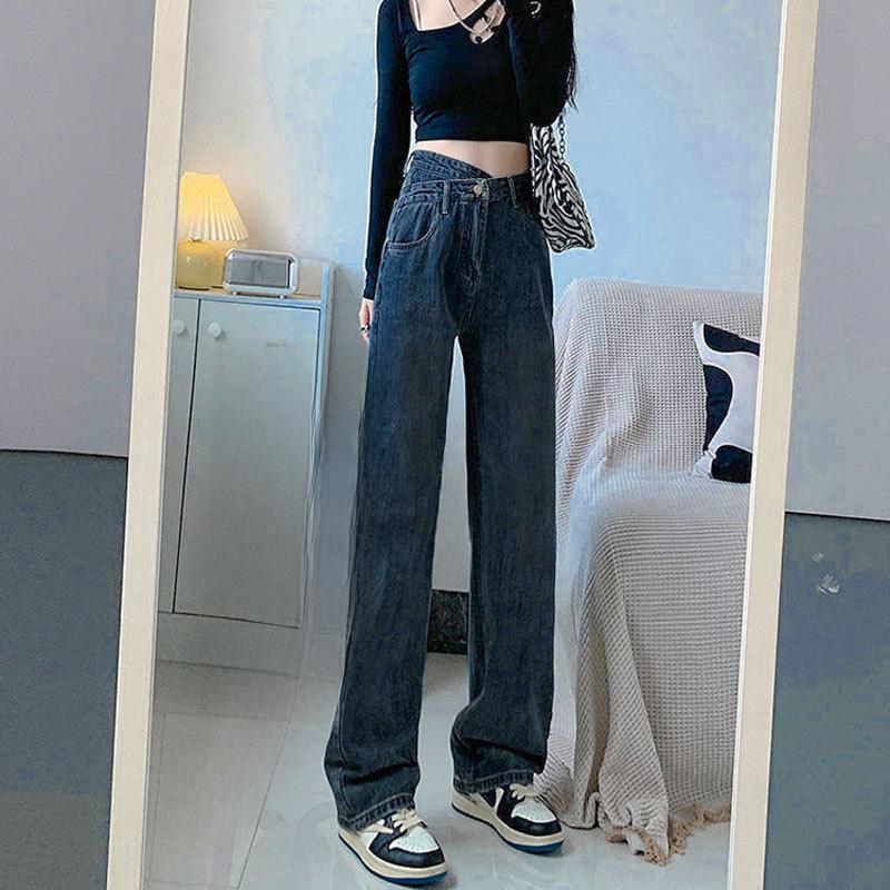 Женские прямые джинсы с высокой талией 2023 года: Нестандартные пуговицы, облегающие, свободный крой, стиль «швабра» на весну