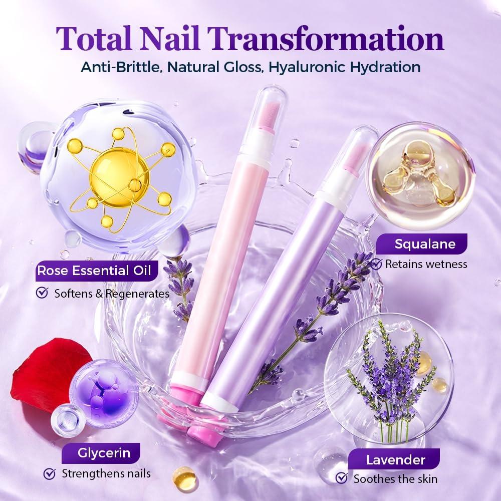 2-in-1 Nail Edge Oil Pen, 2026 Upgraded Ceramic Cuticle Remover, Portable Nail Polish Pen, Moisturizing Nail Strengthener (Pink, Purple)