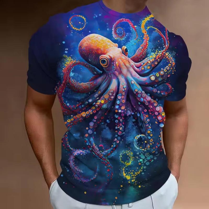 Мужская новая летняя футболка с коротким рукавом и 3d-принтом Hd с круглым вырезом и принтом «Океан», осьминог, индивидуальный ретро, ​​свободный топ больших размеров