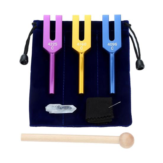 3 шт. Алюминиевая камертонная вилка с деревянным молоточком, мешочек из искусственного хрусталя, 4096/4160/4225 Гц, Исцеляющий инструмент, Камертон, Аксессуары для йоги, медитации, релаксации