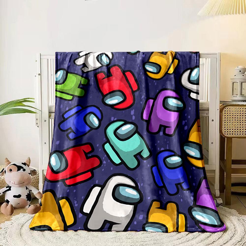 Colorful crewmates with helmets from "Among Us" on a dark spotted background. for all seasons blanket lunch break throw gift