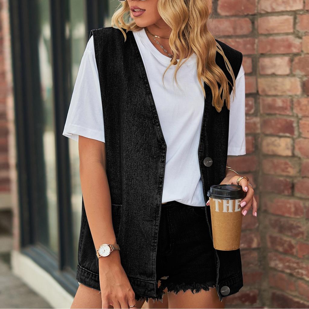 Women's Casual Denim Vest Vest Large Pocket Sleeveless Vest Jacket