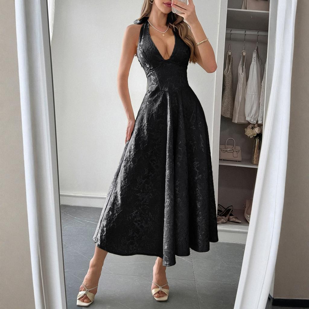 Женское модное однотонное элегантное платье с темпераментом, с вырезом на шее и поясом