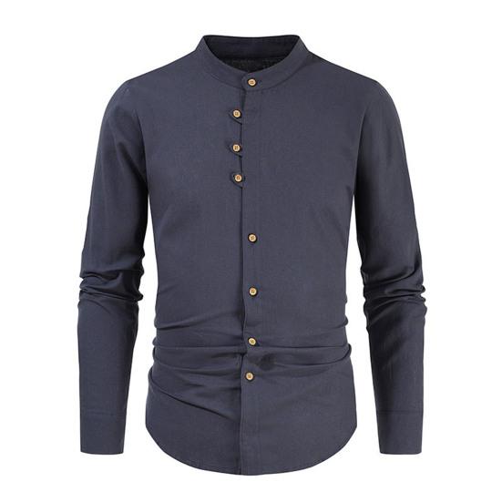 Мужская льняная рубашка, повседневная, с длинным рукавом, на пуговицах, однотонная, мужская, пляжная, с воротником-стойкой, летняя рубашка