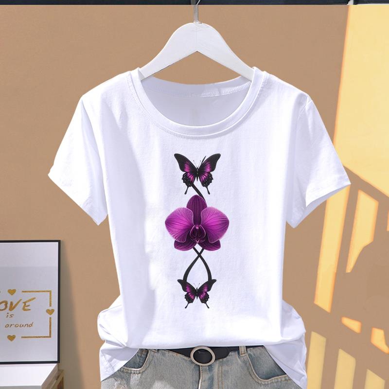 (Asian Size) Women's Top 90s Trend Butterfly Cute Short Sleeve T-shirts Fashion T Clothing Print Female Casual Graphic Tee