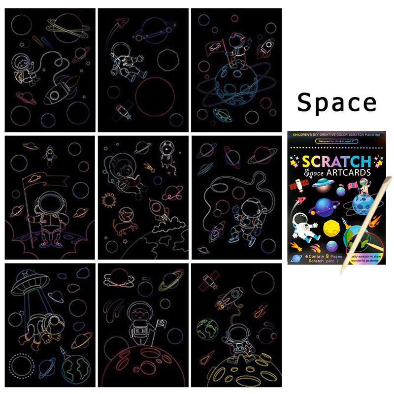 1Book Magic Rainbow Color Cartoon Scratching Paper 9PCS/Set DIY Scratch Graffiti Card Kit School Rewards Gift Party Souvenir ZYF