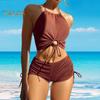 2Pcs/Set Women Summer Bikini Set Hollow Out Halter Bra High Waist Side Drawstring Swimming Trunks Set Bathing Suit Beachwear