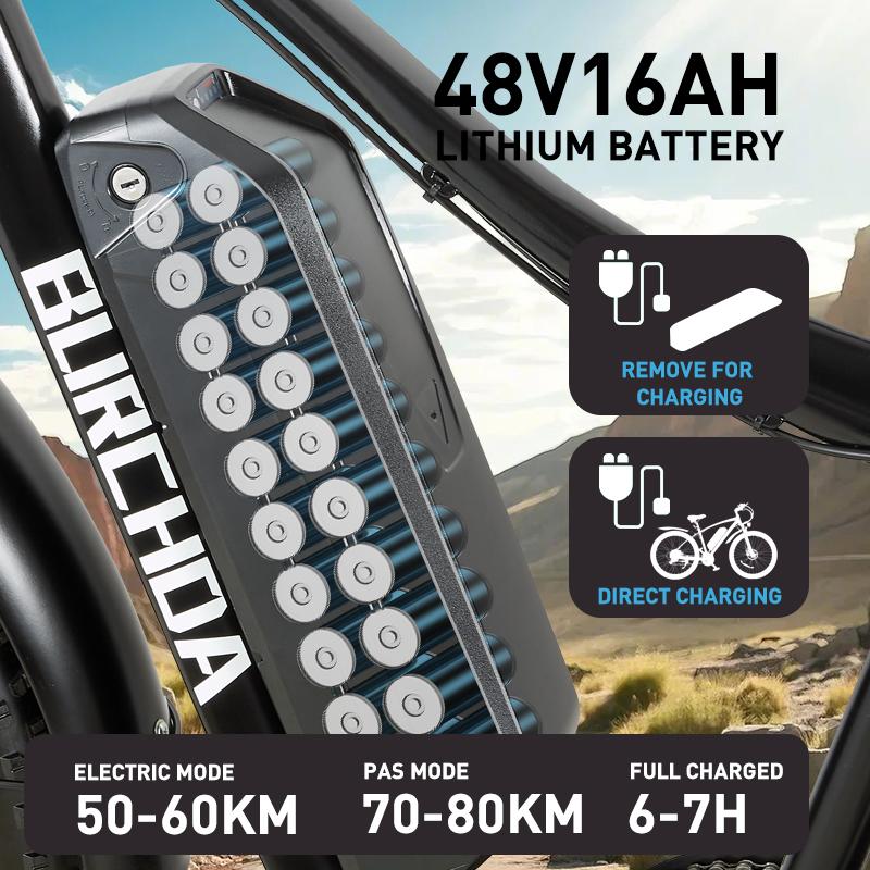 BURCHDA RX02 1500 Вт 80 км Электрический горный велосипед 26" 48 В 16 Ач Литиевая батарея Широкая покрышка Электровелосипед Для взрослых