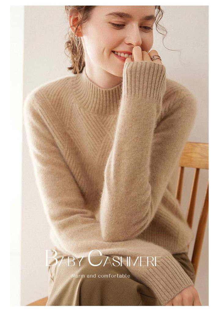 Women's Red Diamond Pattern Cashmere Sweater: Half-High Collar, Thickened, Plus Size, Loose, Warm, Autumn/Winter, Short Style.