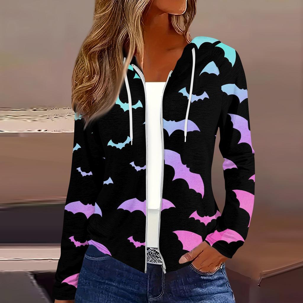 Women's Fashion Casual Zip Up Hooded Halloween Print Long Sleeve Sweatshirts Coat