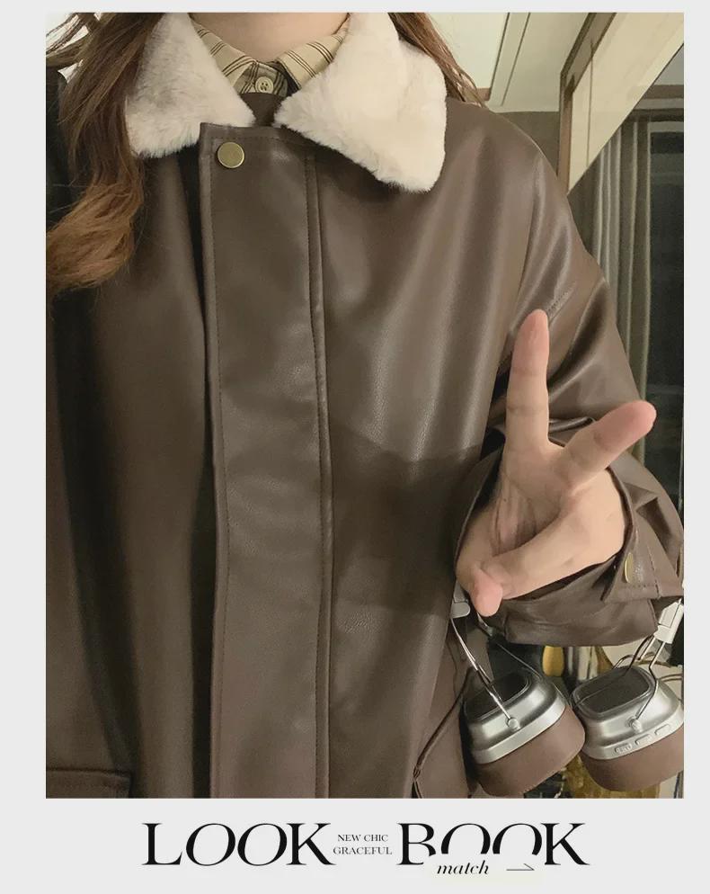 Женское высококачественное зимнее пальто из американской мотоциклетной кожи и хлопка: Корейский стиль, свободный крой, плюс бархат, плотная, короткая куртка.