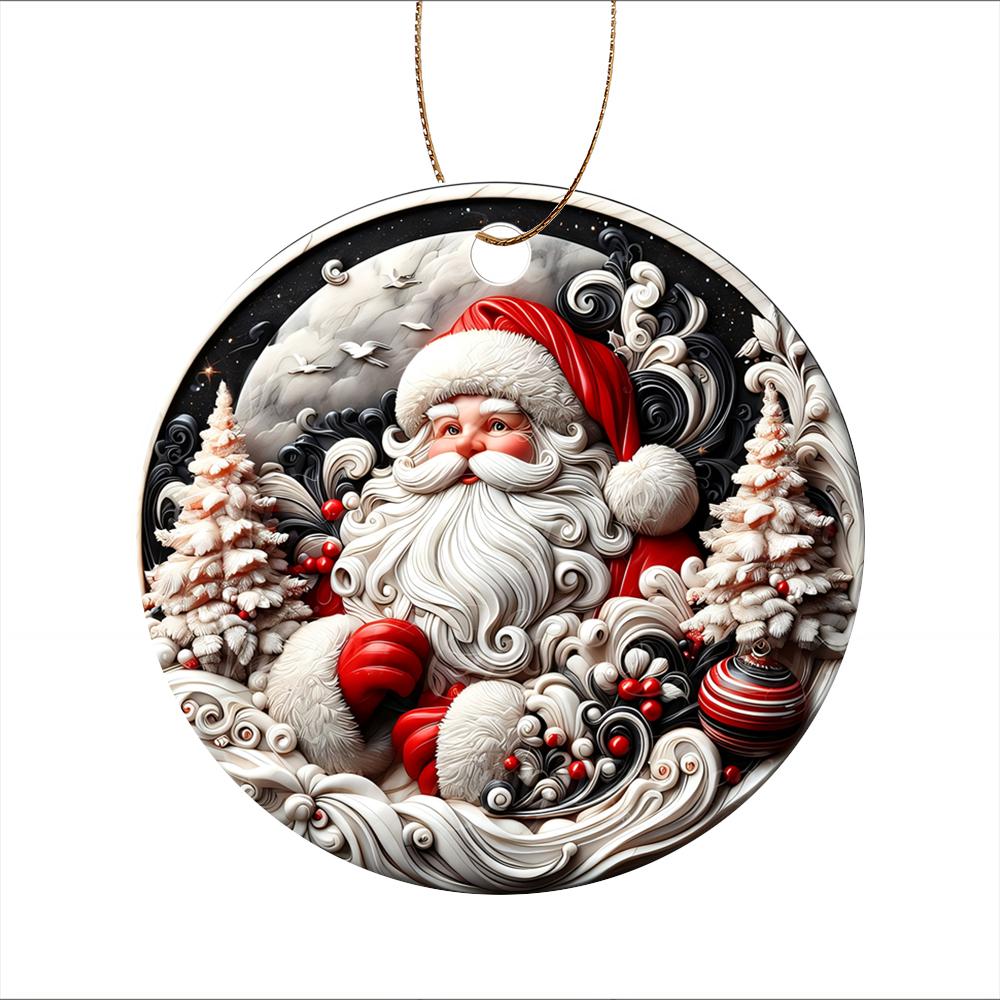 Vintage Santa Claus with snowy pine trees art Acrylic Christmas Tree Ornament festive hanging decoration Christmas decor New Year gift party ornament