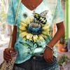 Plus Size Womens Floral V Neck Casual T-Shirt Random Bee Sunflower Print Short Sleeve Comfortable Perfect Spring Summer