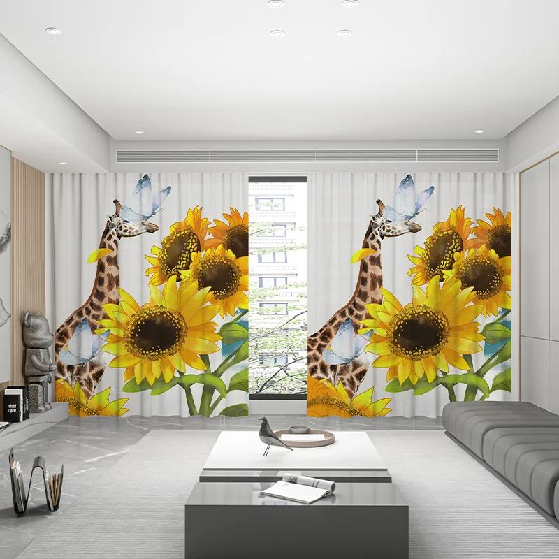 New Swan Cherry Blossom Sunflower Flower High Blackout Curtain Girls Bedroom Space Living Room Thick Shading Curtain Modern Style Drapes