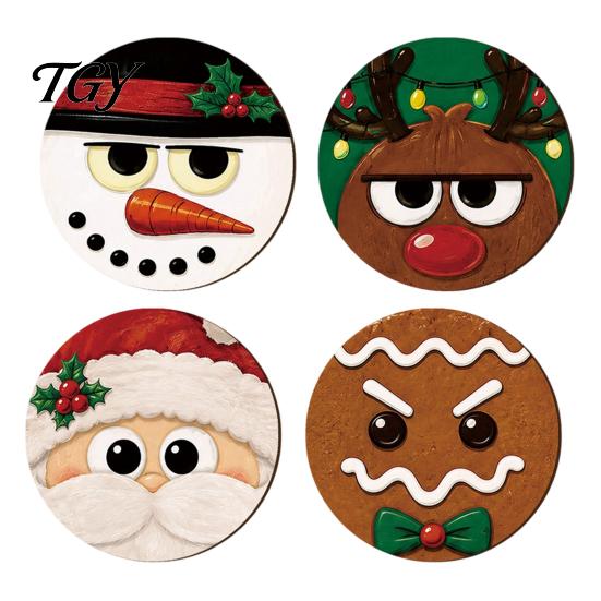 Christmas Gift Ideas for Home 4Pcs Wooden Coaster, Cute Santa Snowman Reindeer Gingerbread Man Kitchen Dining Table Essentials Round Drink Mats,