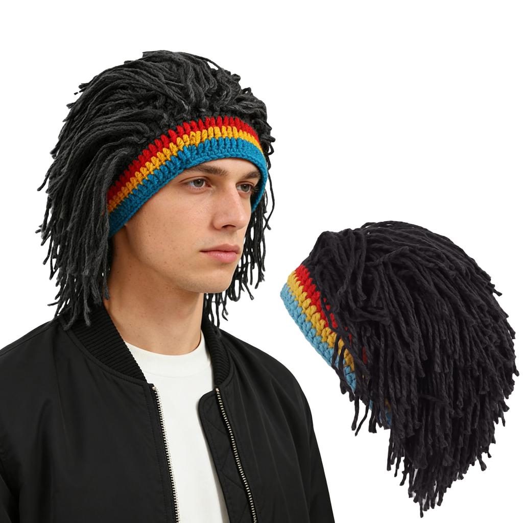 Unisex Rasta Dreadlock Wig Knit Beanie Hat, Reggae Rainbow Stripe Crochet Hat, Funny Hip Hop Dreadlocks Wig Cap for Halloween Party Cosplay