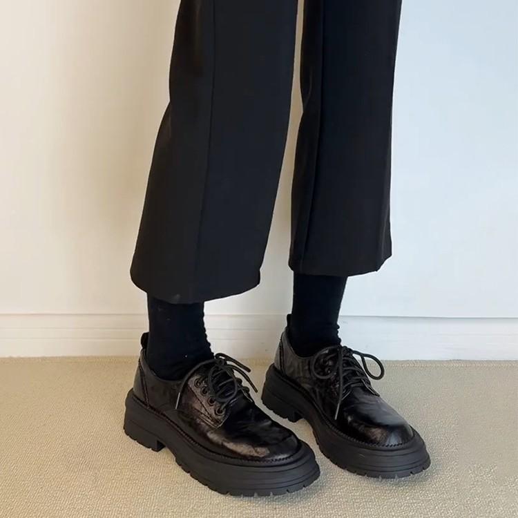 Sheepskin Version~ Thick-soled British Leather Lace-up Small Leather Shoes Women's Versatile Retro College Style Thick Heel Round Head Loafers