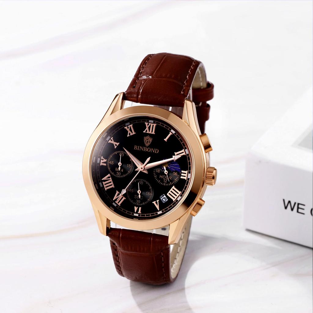 Genuine Leather Strap Calendar Roman Alphabet Luminous Analog Starry Sky Waterproof Leather Belt Simple Stylish Quartz Brown Fashion Accessories