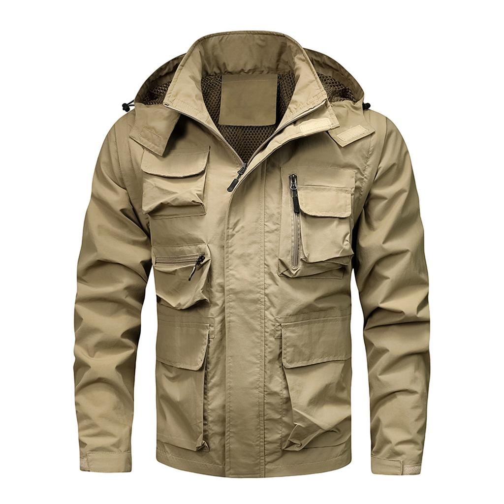 Men's Solid Color Detachable Outdoor Workwear Casual Loose Zipper Pocket Long Sleeve Jacket