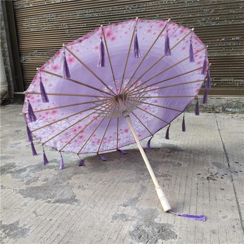 1PC with Tassel Classical Women's Umbrella for Hanfu Accessories Satin Cloth Photograph Props Fairy Ancient Parasol