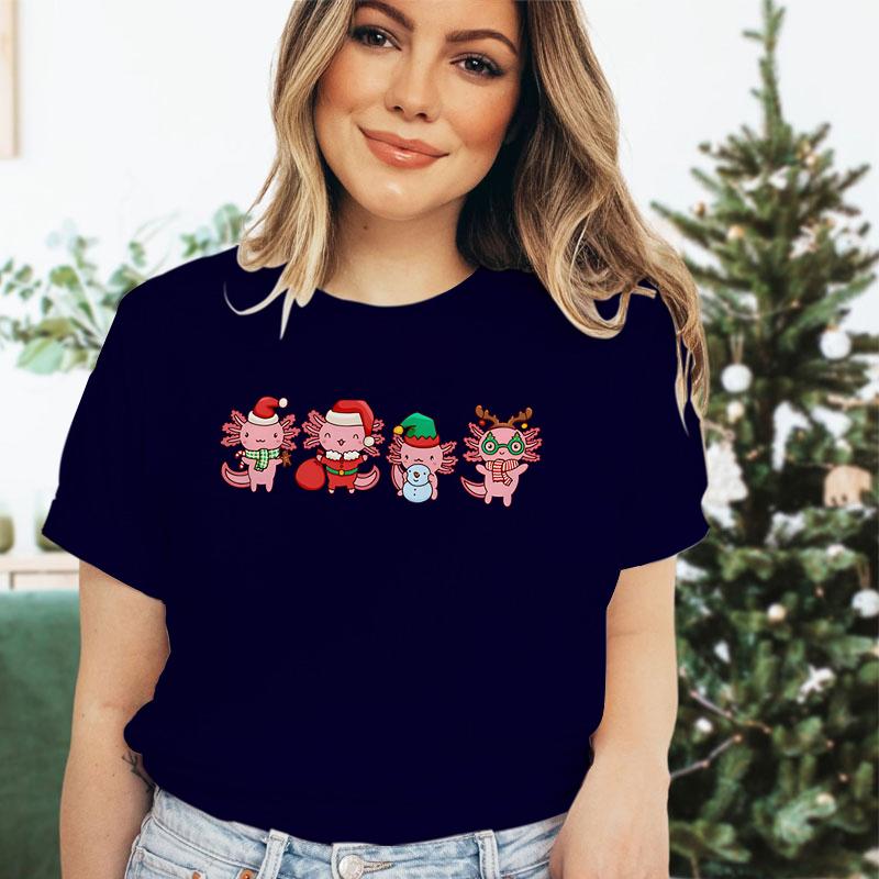 Women Merry Christmas Short Sleeve Tshirt Santa Axolotl Premium Girls Clothing Crew Neck Axolotl Christmas Gift Classic Tshirt