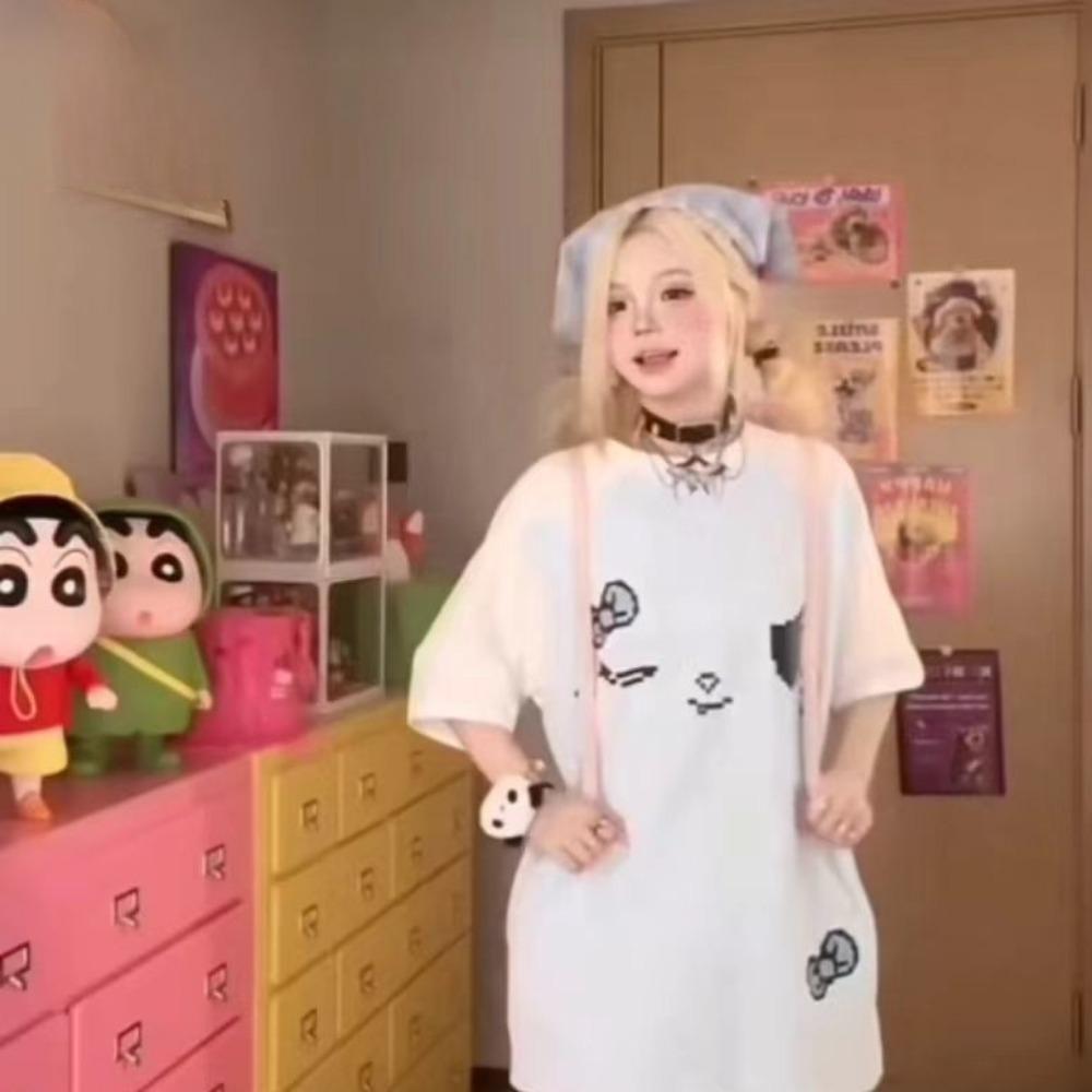 Футболка контрастного цвета Y2k Aesthetic Harajuku Vintage Skull Tops Women Kawaii Print Casual Loose Fairy Grunge Streetwear Tops