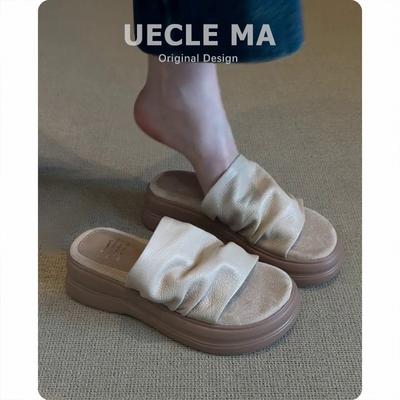 Женские шлепанцы из овчины на высокой толстой подошве, летняя мода и ощущение высокого класса, красивые с юбкой, плиссированная кожа, прохладные шлепанцы