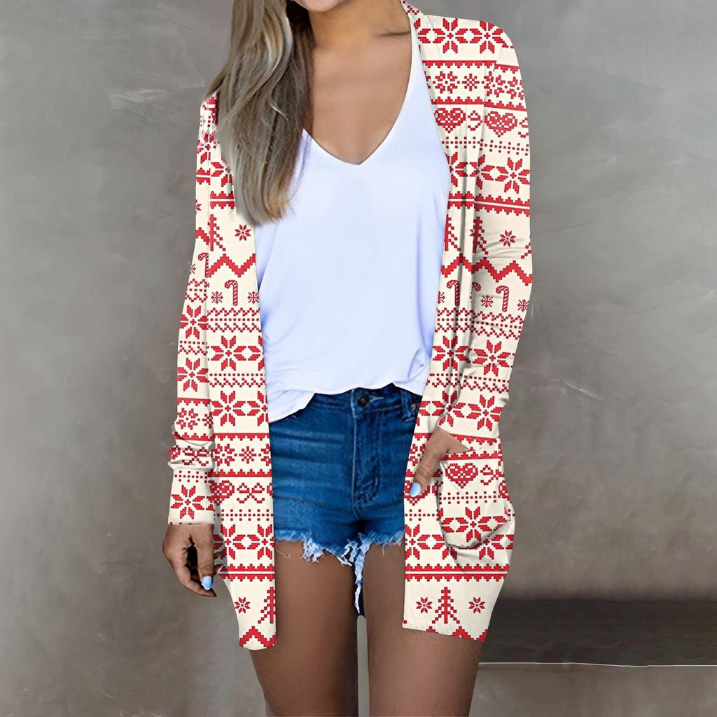 Женская мода, повседневный рождественский принт, кардиган средней длины, куртка, пальто